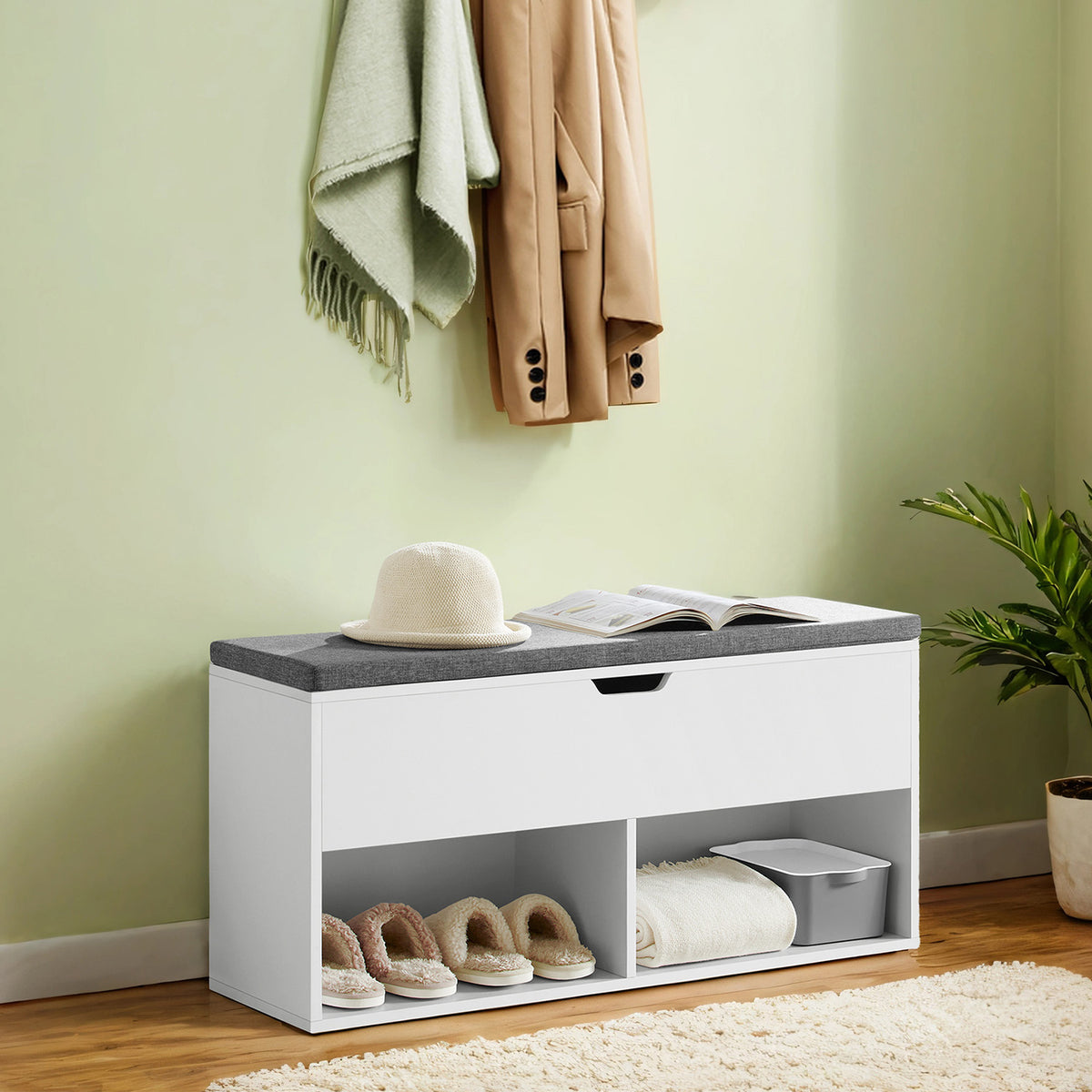 VASAGLE Cushioned Storage Bench in White / Gray — supplier product view