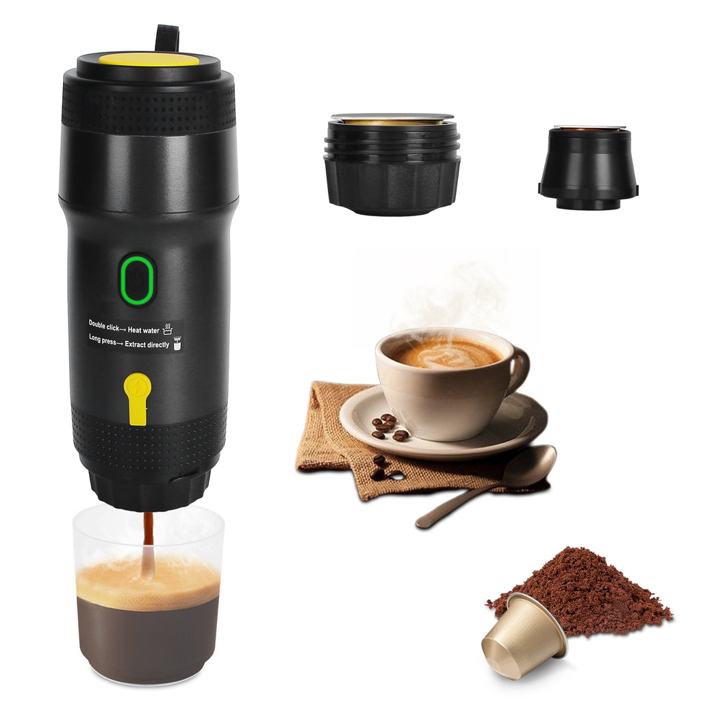 Black portable espresso maker with its collection cup; coffee and serving accessories are not included.