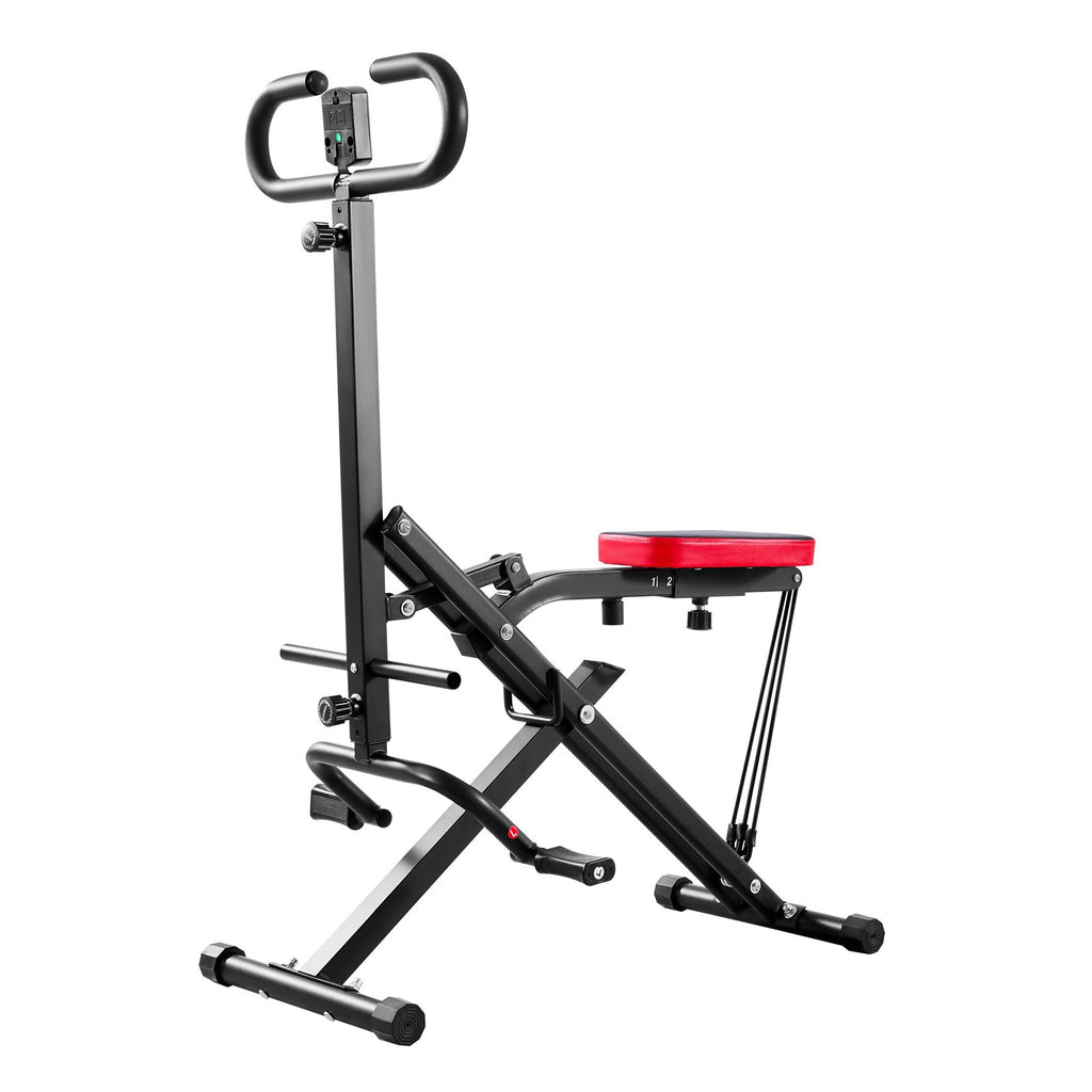 VEVOR folding squat trainer with black steel frame, black seat with red edging, handles, pedals and three resistance bands