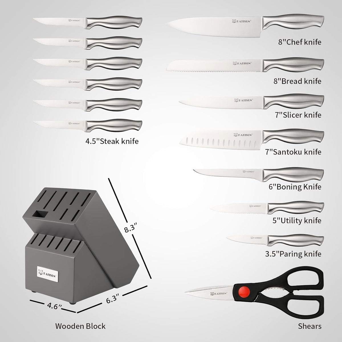 KATISUN set breakdown showing seven preparation knives, six steak knives, kitchen shears and the wooden block.
