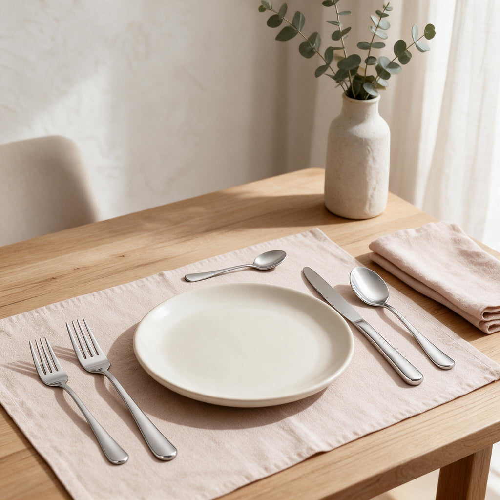 20-Piece Stainless Steel Flatware Set — Silver — in a warm neutral home setting; styling accessories not included