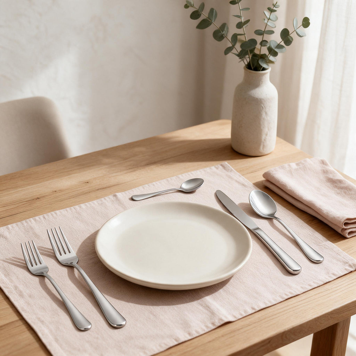 20-Piece Stainless Steel Flatware Set — Silver — in a warm neutral home setting; styling accessories not included