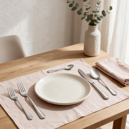 20-Piece Stainless Steel Flatware Set — Silver — in a warm neutral home setting; styling accessories not included