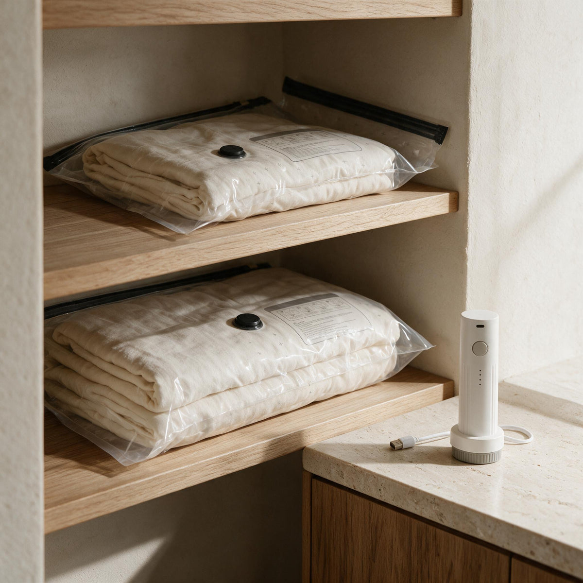26-Bag Vacuum Storage Kit with Electric Pump — styled in a warm neutral interior