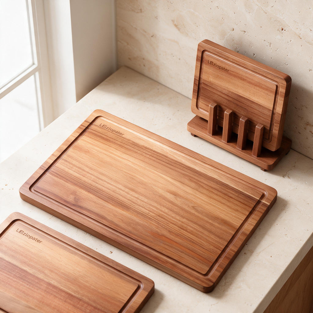 Acacia Cutting Boards — Set of 3 with Stand — material and construction detail