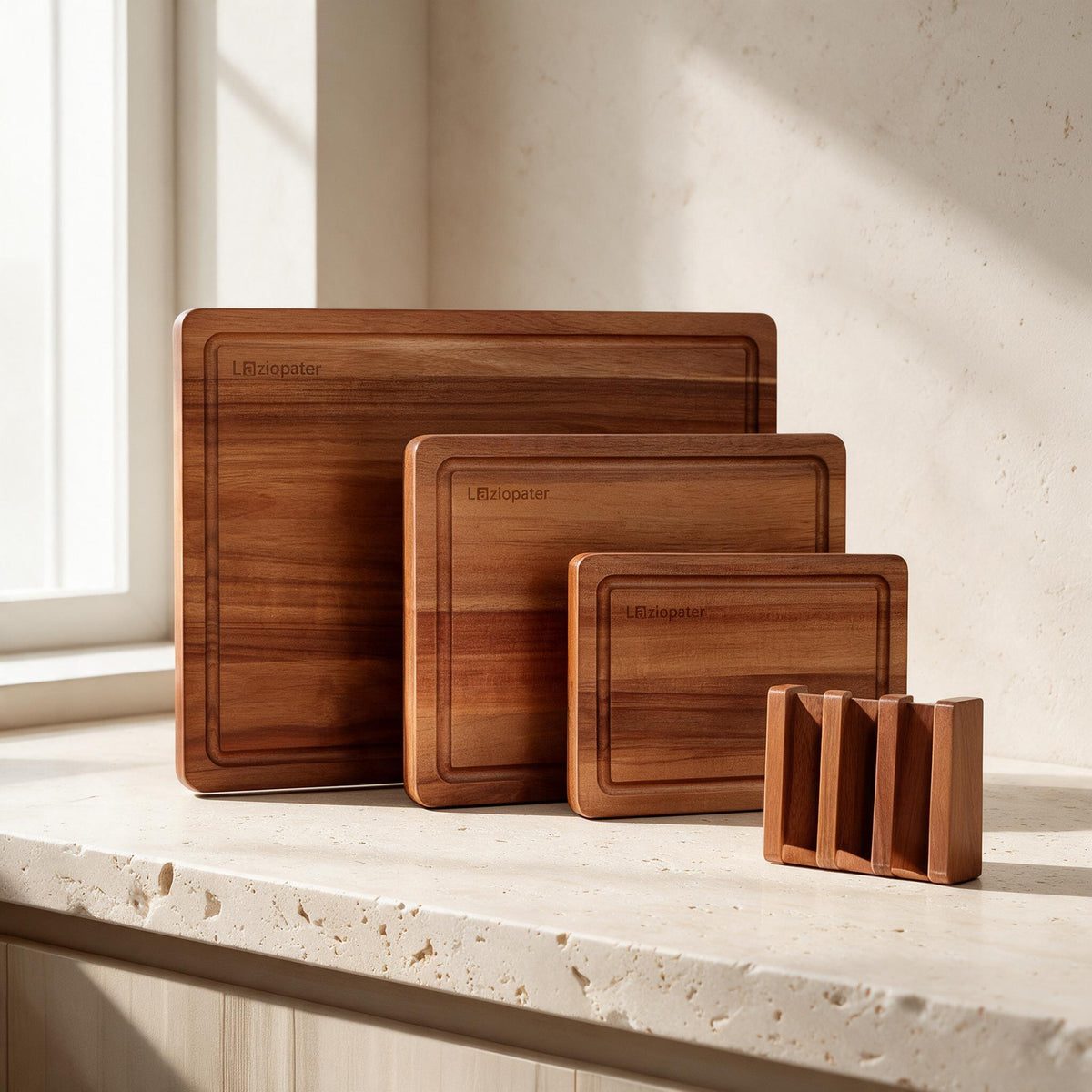 Acacia Cutting Boards — Set of 3 with Stand — full product