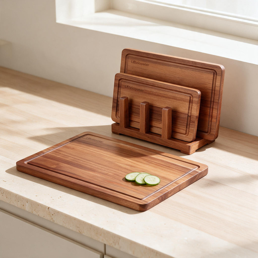 Acacia Cutting Boards — Set of 3 with Stand — in a calm home setting