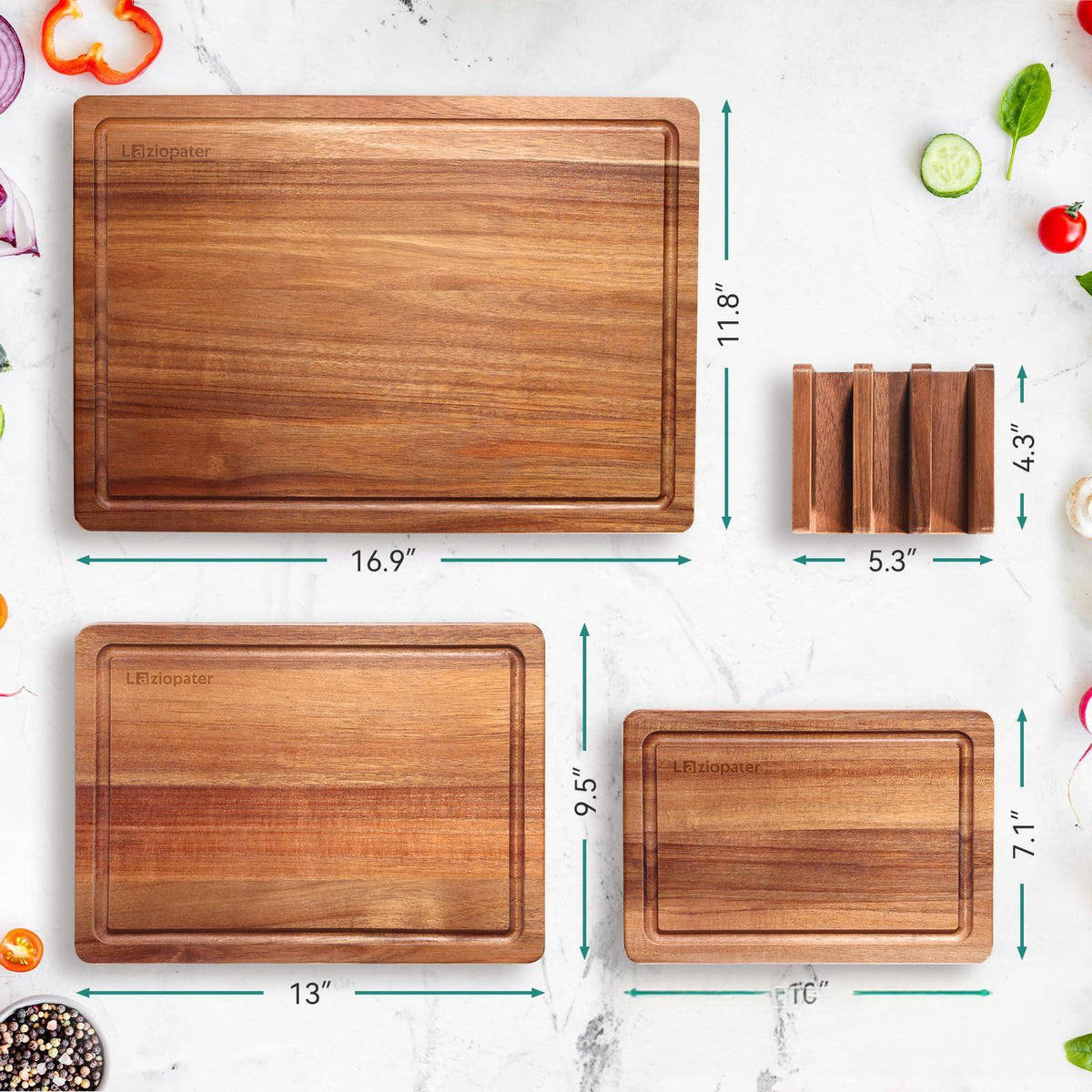 Acacia Cutting Boards — Set of 3 with Stand