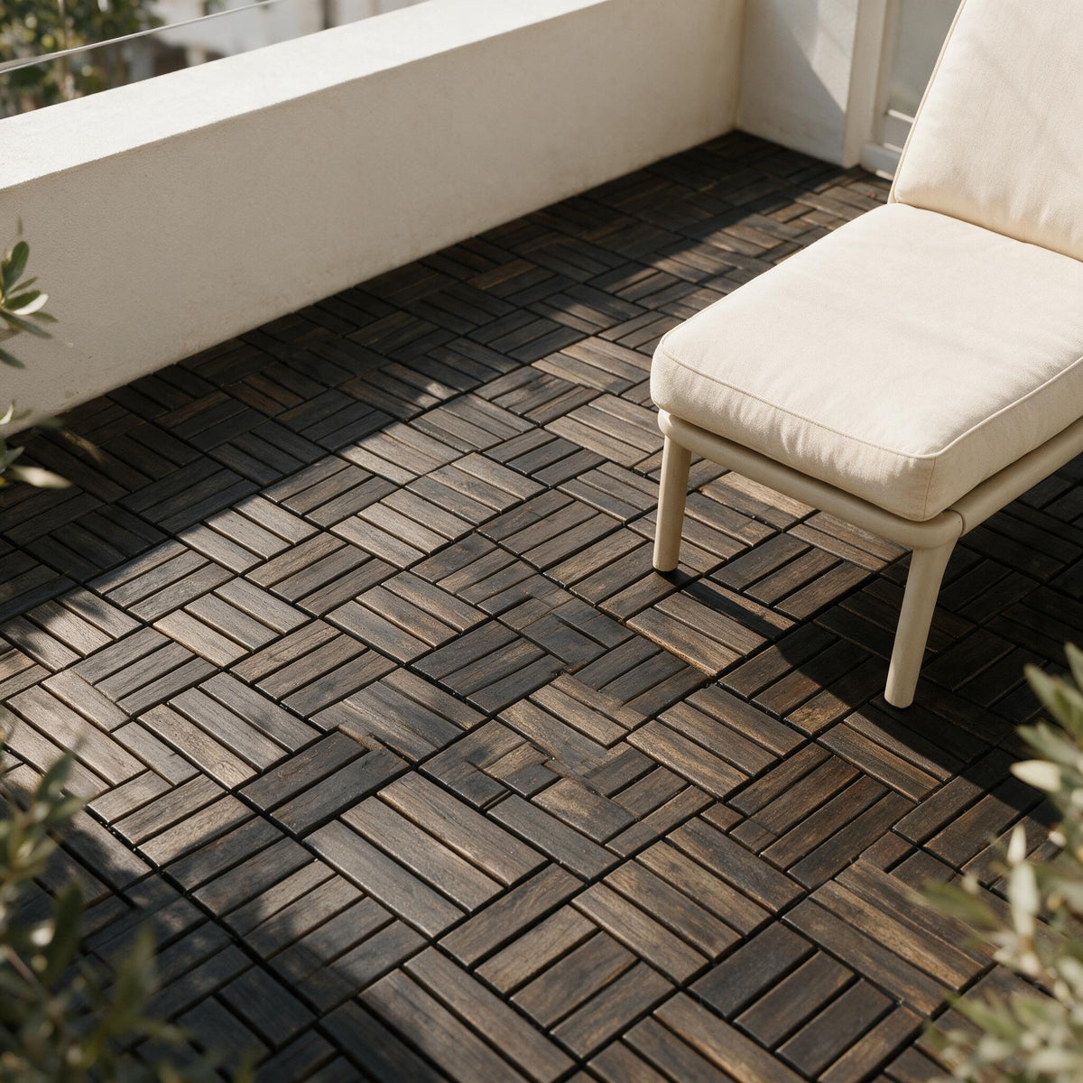 Acacia Deck Tiles — 30 sq ft — styled in a calm outdoor setting