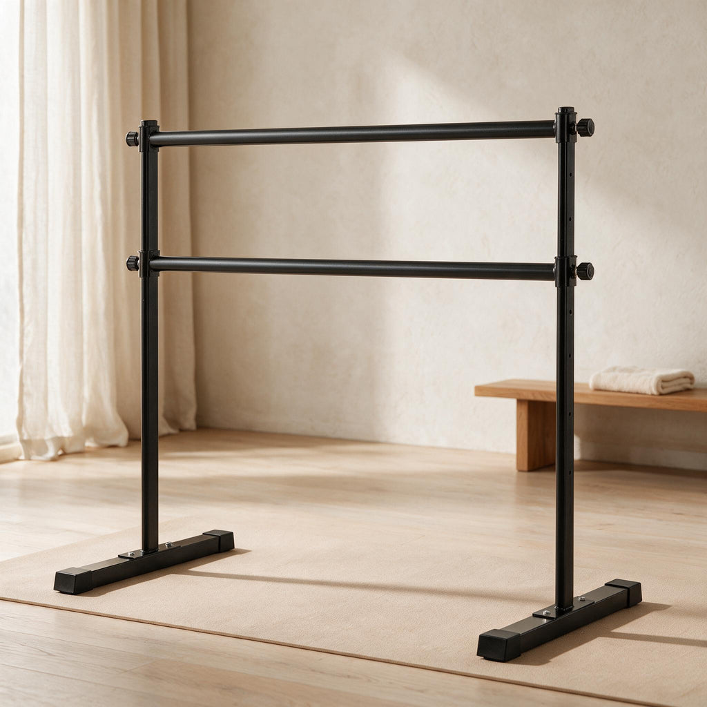 Adjustable Double Ballet Barre — styled in a warm neutral home studio