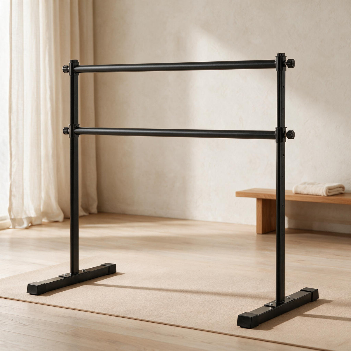 Adjustable Double Ballet Barre — styled in a warm neutral home studio
