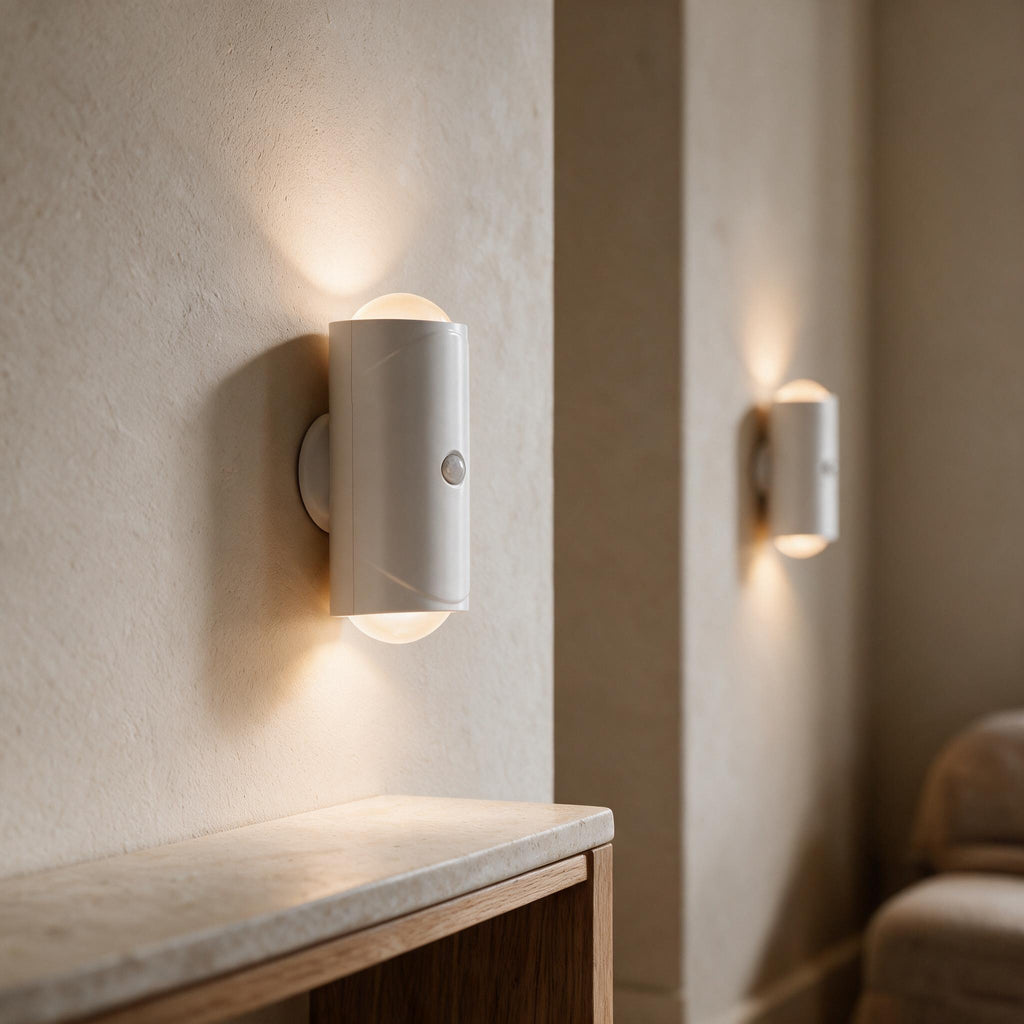 White Ambient Motion Wall Lights casting warm light in a calm beige hallway with an oak console and limestone top.