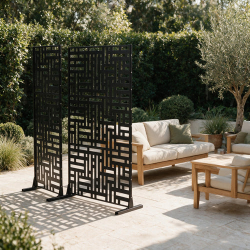 Architectural Privacy Screens — Set of 2 — styled in a calm outdoor setting