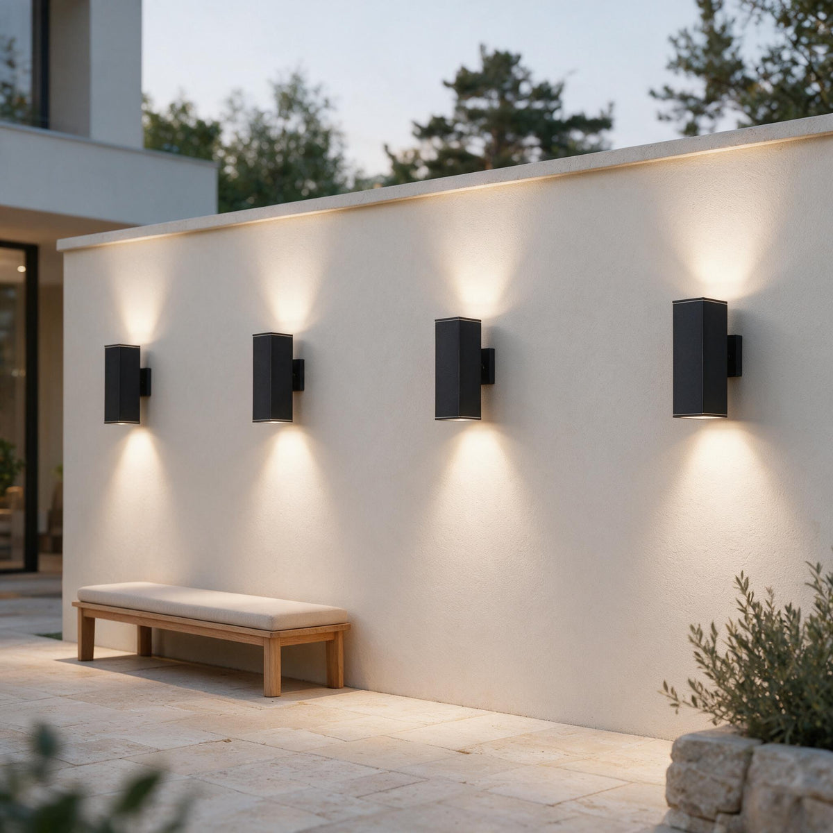 Architectural Up & Down Wall Lights — Set of 4 — styled in a calm outdoor setting