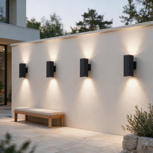 Architectural Up & Down Wall Lights — Set of 4 — styled in a calm outdoor setting