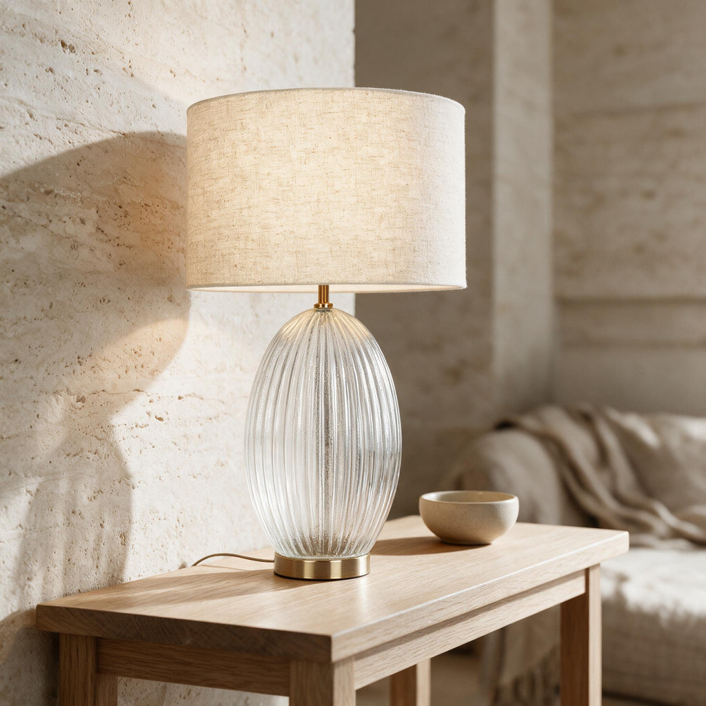 Aurora Ribbed Glass Table Lamp — styled in a calm indoor room