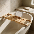 Bamboo Bath Caddy — styled in a warm neutral bathroom