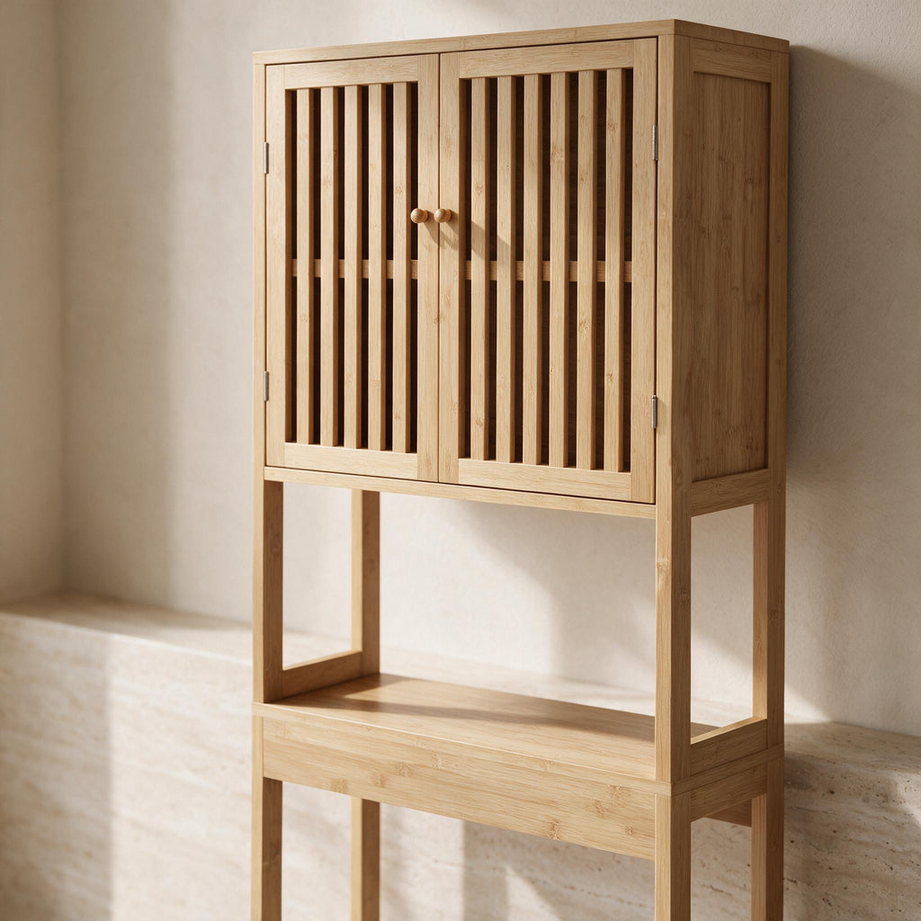 HOMCOM Bamboo Over-Toilet Cabinet - Natural — close detail of the original material and construction.