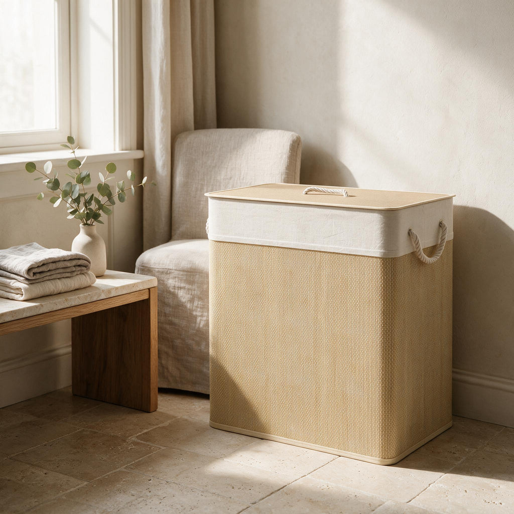 Bamboo Double Laundry Hamper — styled in a warm neutral home