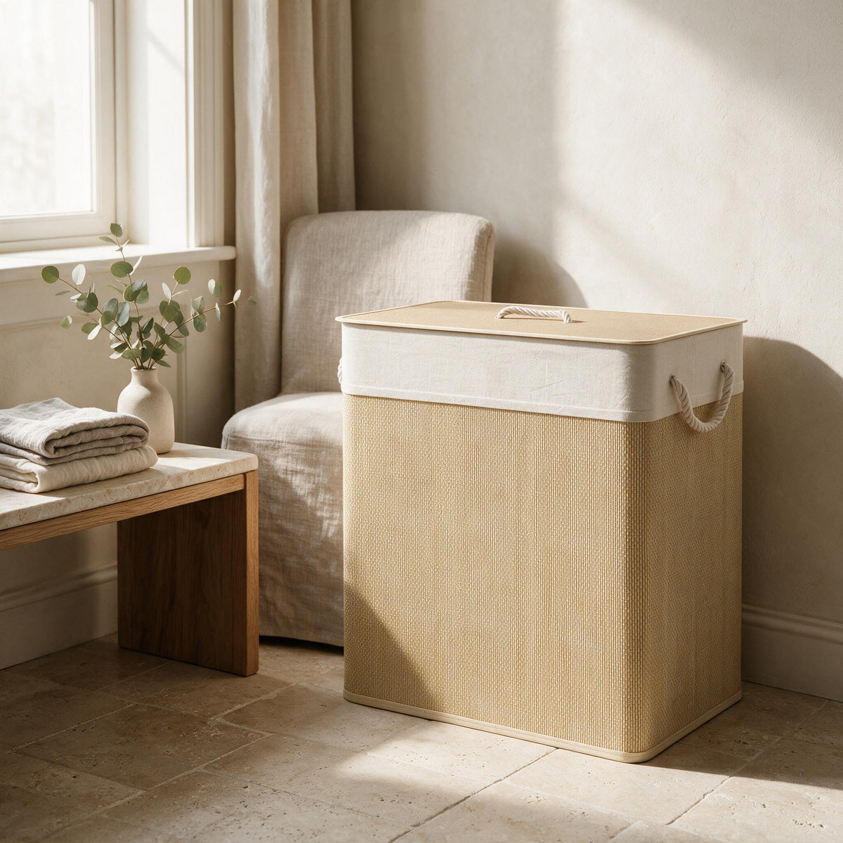 Bamboo Double Laundry Hamper — styled in a warm neutral home