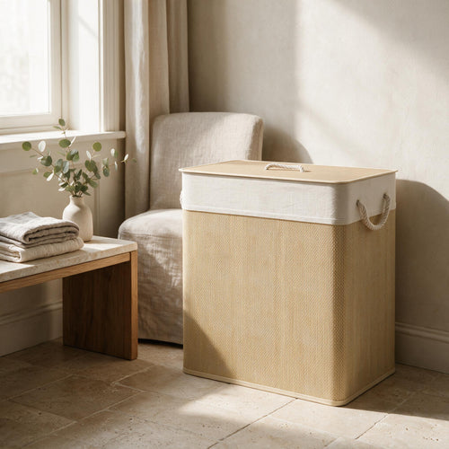 Bamboo Double Laundry Hamper — styled in a warm neutral home