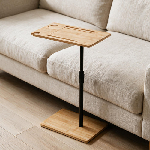 Adjustable C-Shaped End Table - Natural Bamboo — styled in a warm neutral indoor setting.