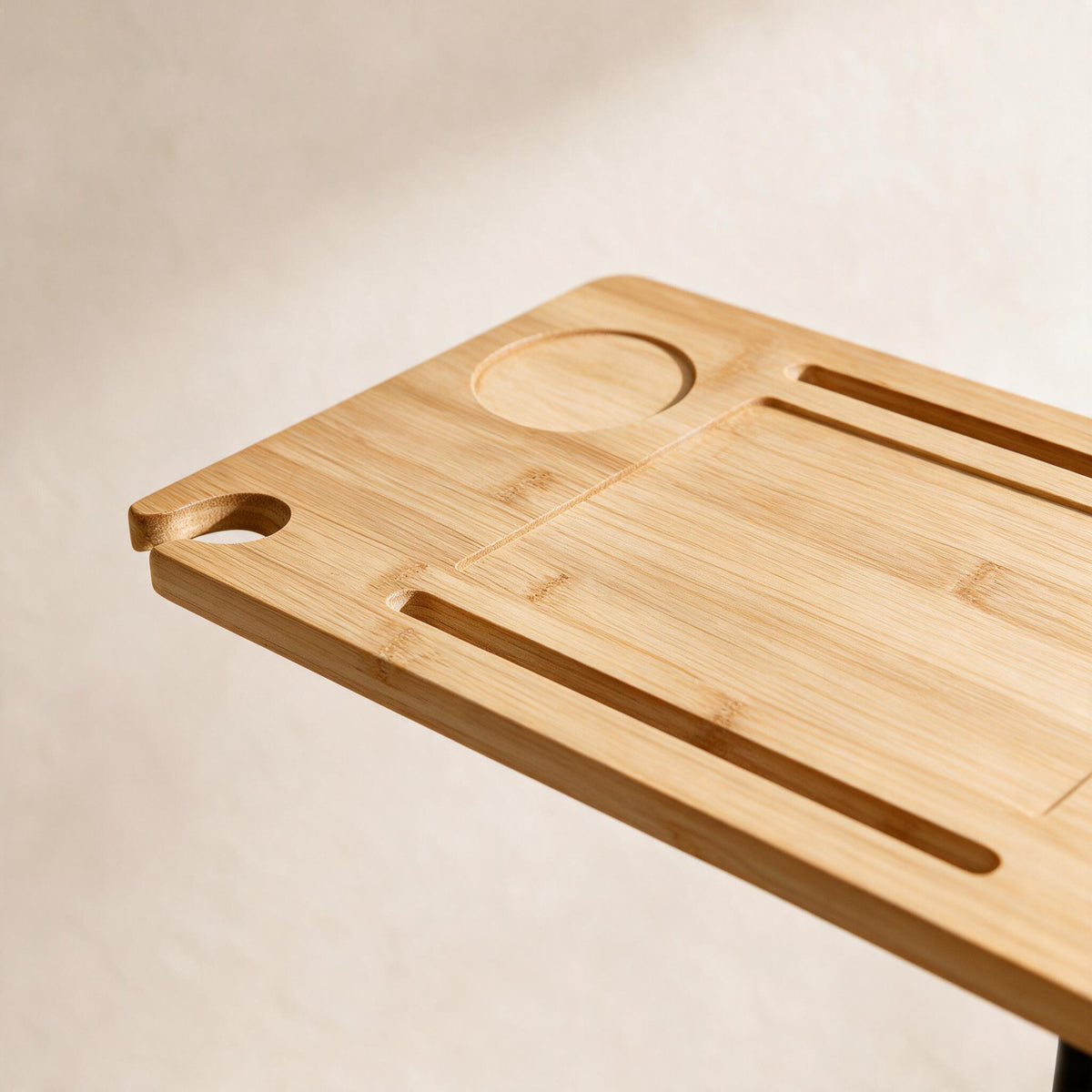 Adjustable C-Shaped End Table - Natural Bamboo — close detail of the original material and construction.