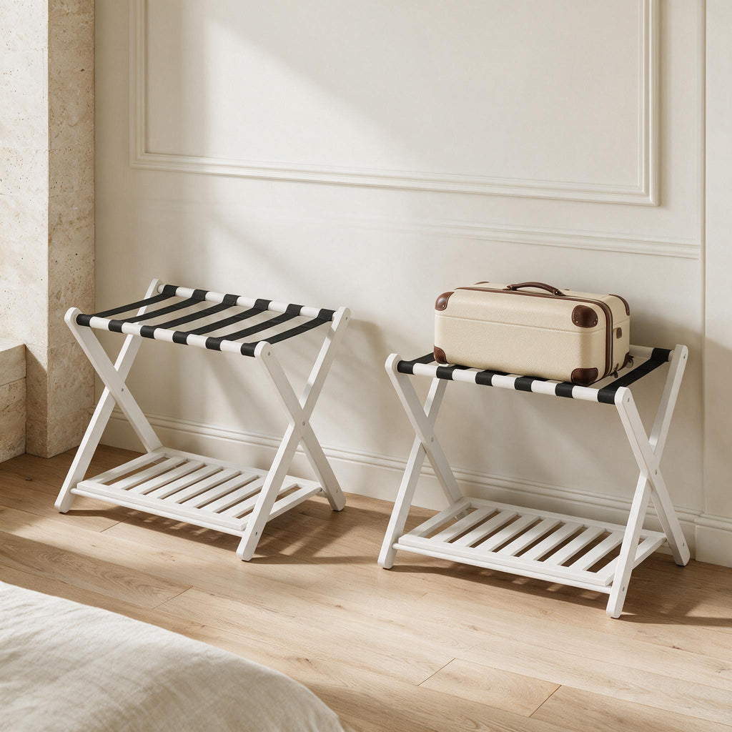 Bamboo Luggage Racks — White, Set of 2 — in a calm home setting