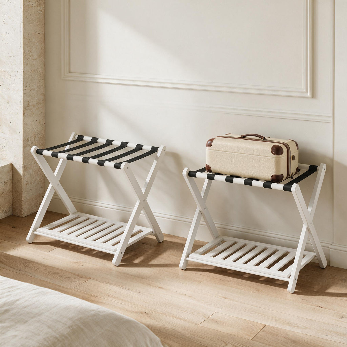 Bamboo Luggage Racks — White, Set of 2 — in a calm home setting