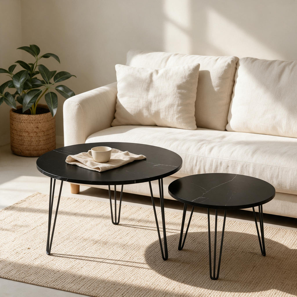Nesting Coffee Tables — Black, Set of Two — in a warm neutral home setting; styling accessories not included