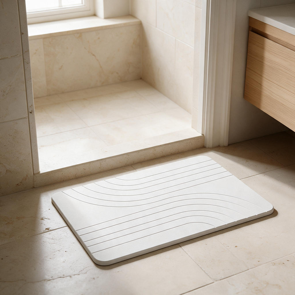 Carved Diatomite Bath Stone — White — in a calm home setting