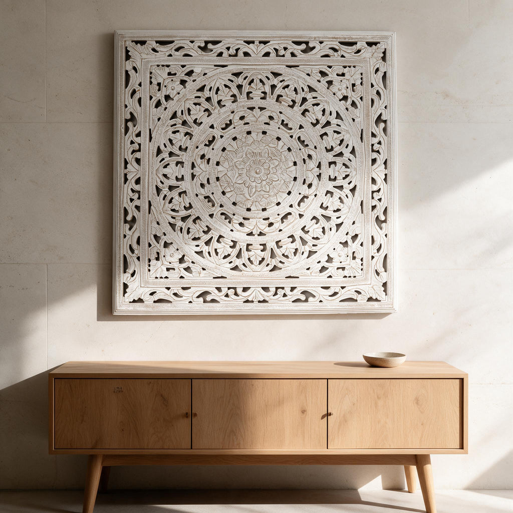 Carved Wooden Wall Panel — White, 36-Inch — in a warm neutral home setting; styling accessories not included