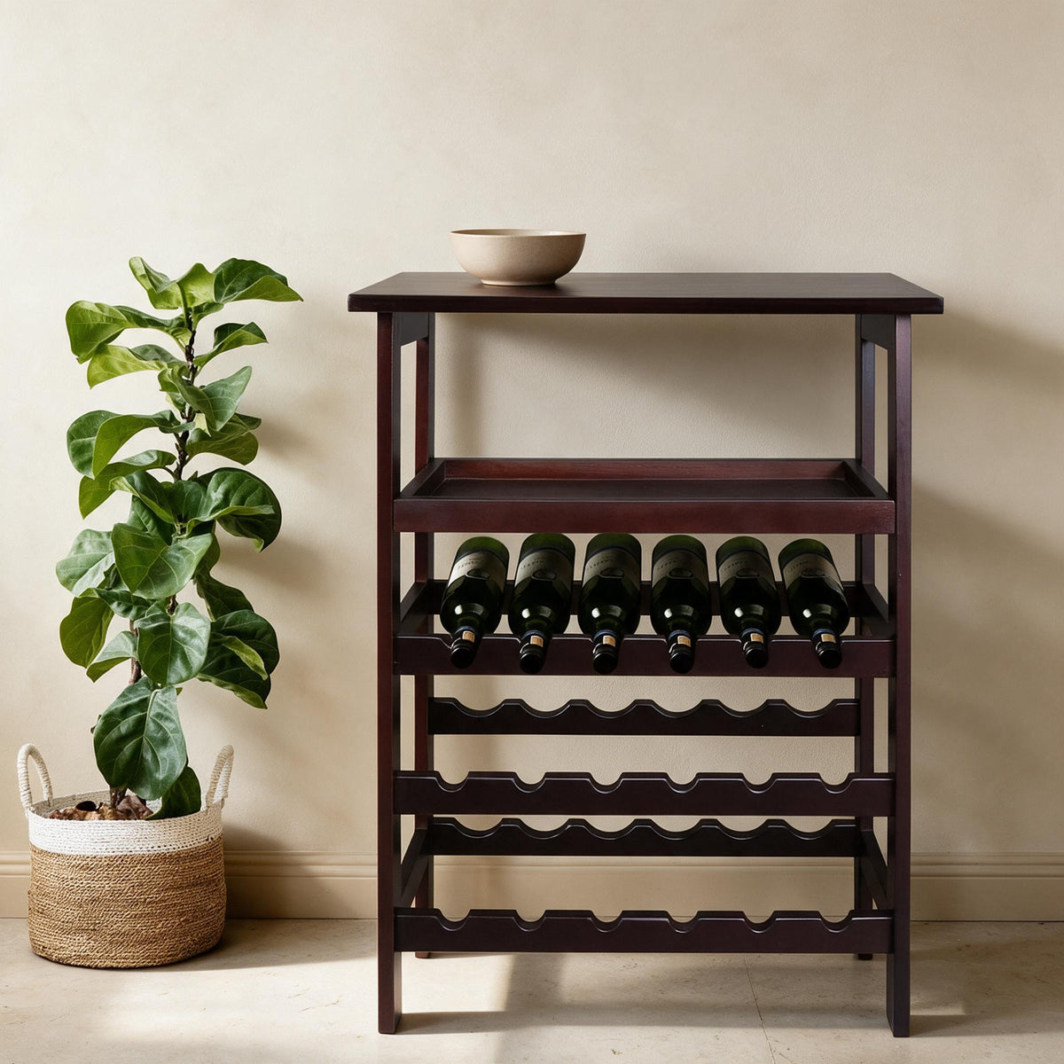 Casual Home 18-Bottle Wood Wine Rack — Brown — in a warm neutral home setting; styling accessories not included