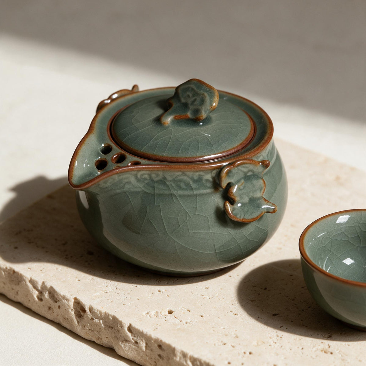 Celadon Tea Tasting Set — Pot & Two Cups — material and construction detail