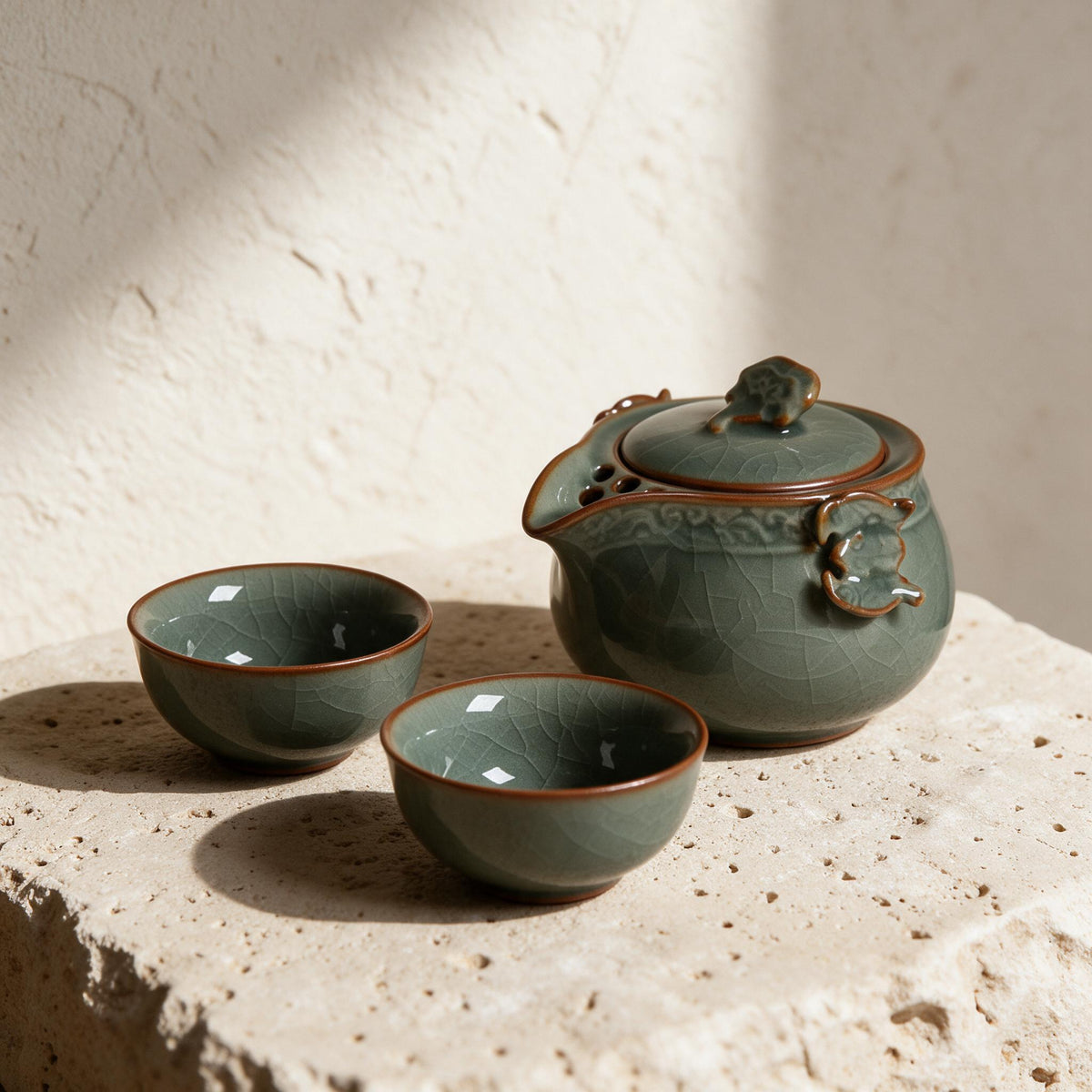 Celadon Tea Tasting Set — Pot & Two Cups — full product
