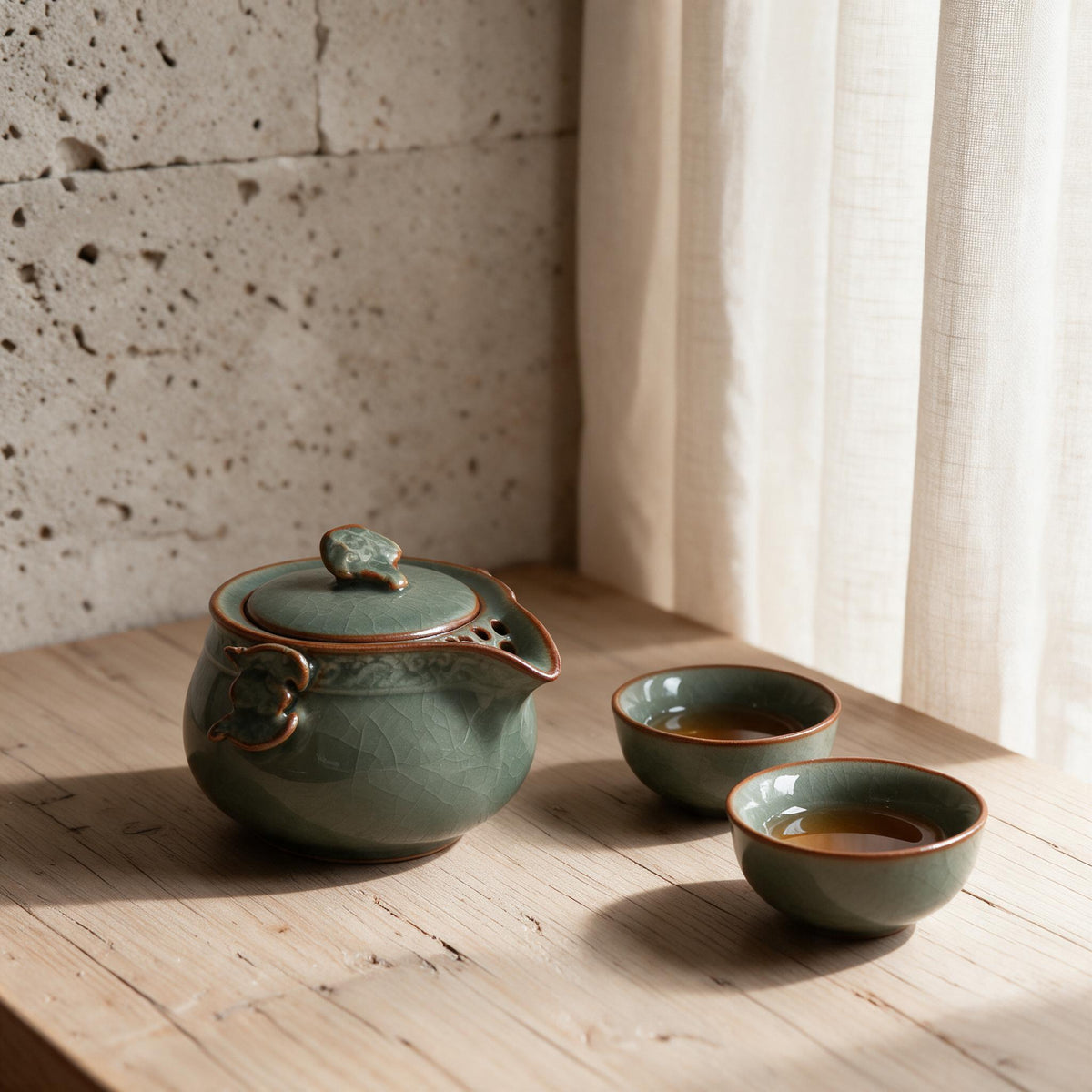 Celadon Tea Tasting Set — Pot & Two Cups — in a calm home setting