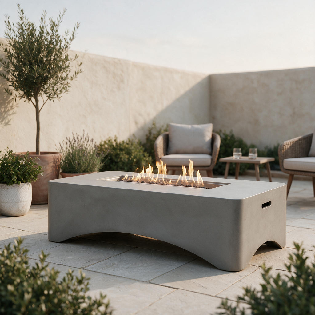 Concrete Propane Fire Table — 56 in — styled in a calm outdoor setting