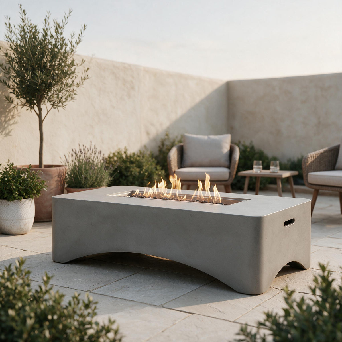 Concrete Propane Fire Table — 56 in — styled in a calm outdoor setting