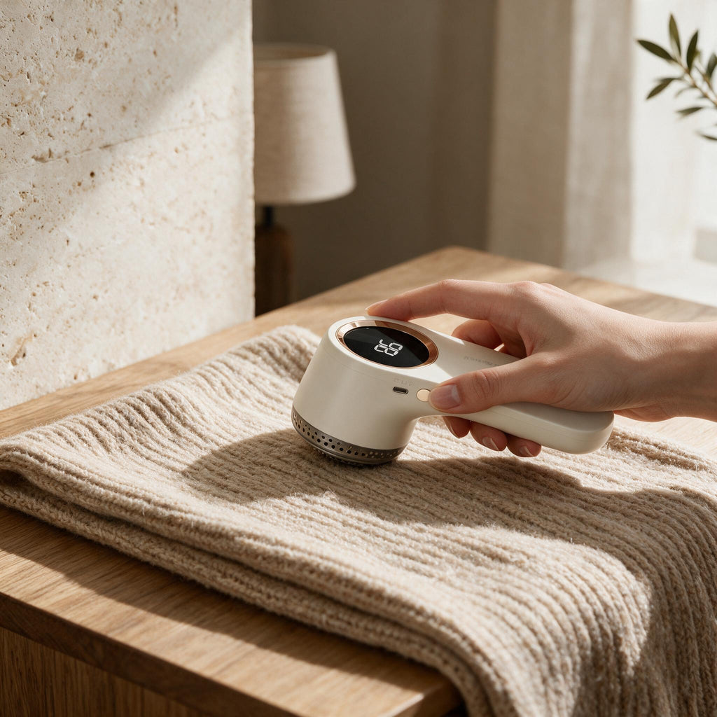 Cordless Fabric Shaver — styled in a warm neutral home