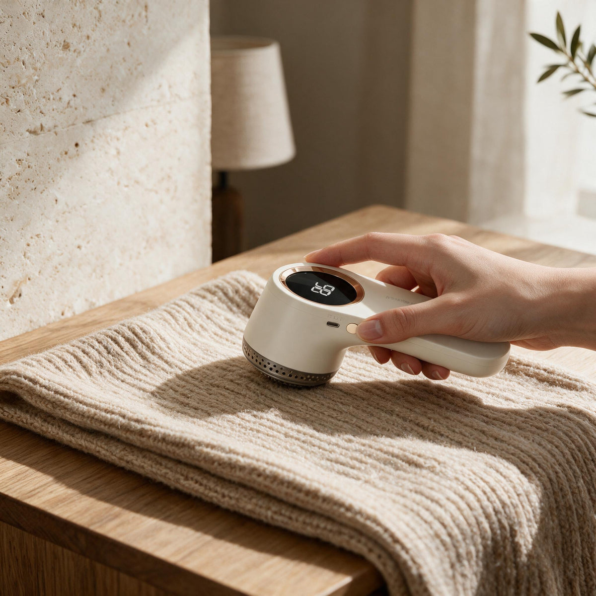 Cordless Fabric Shaver — styled in a warm neutral home