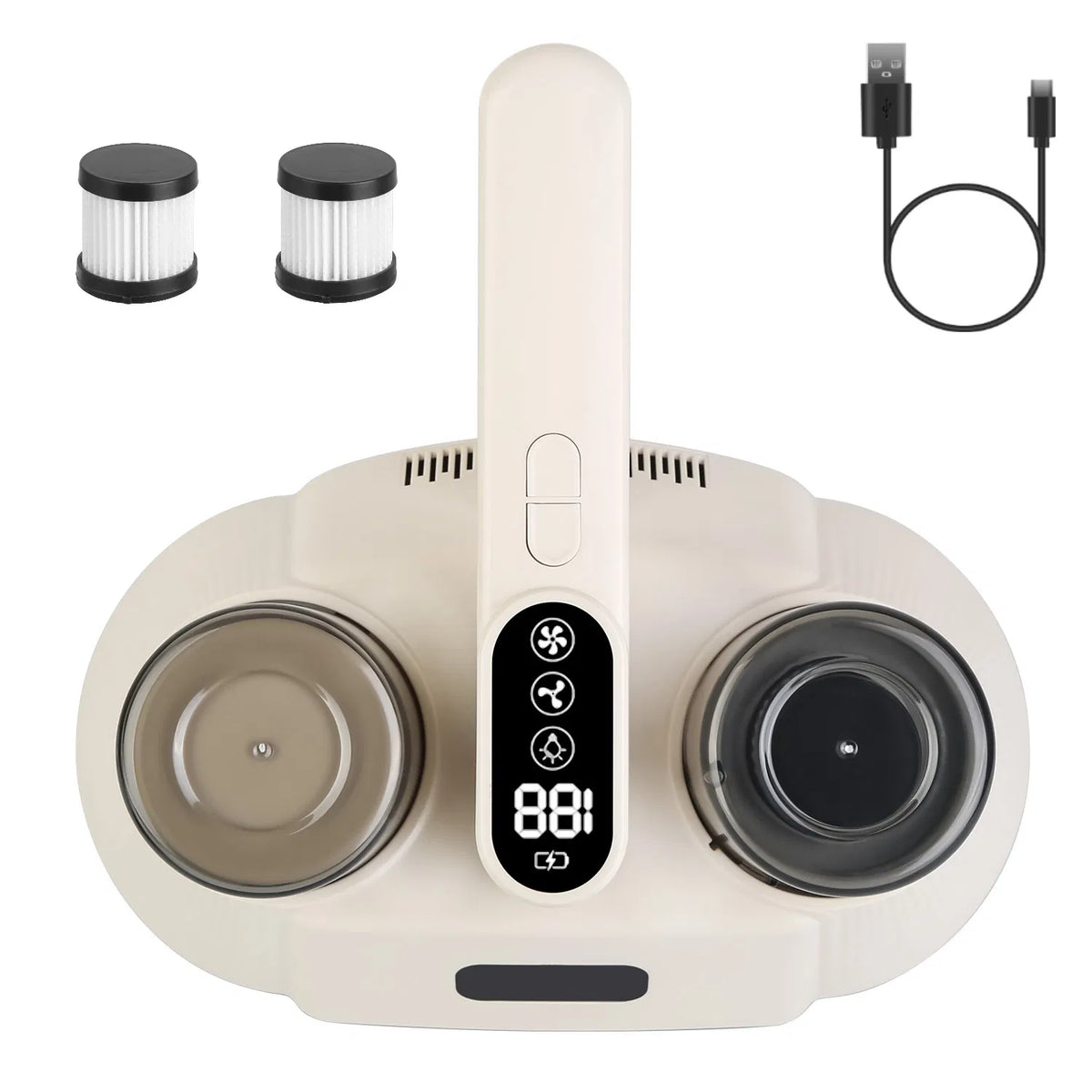 White cordless mattress vacuum with two dust cups, digital display, filters and a USB-C charging cable.