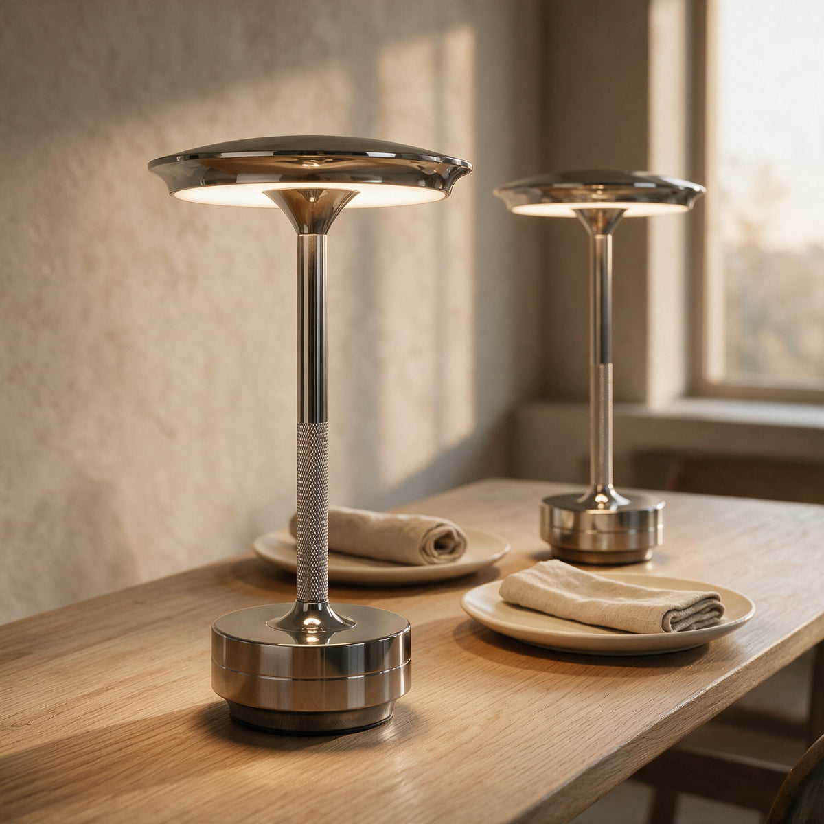 A pair of silver Cordless Metal Table Lamps lighting an oak dining table.