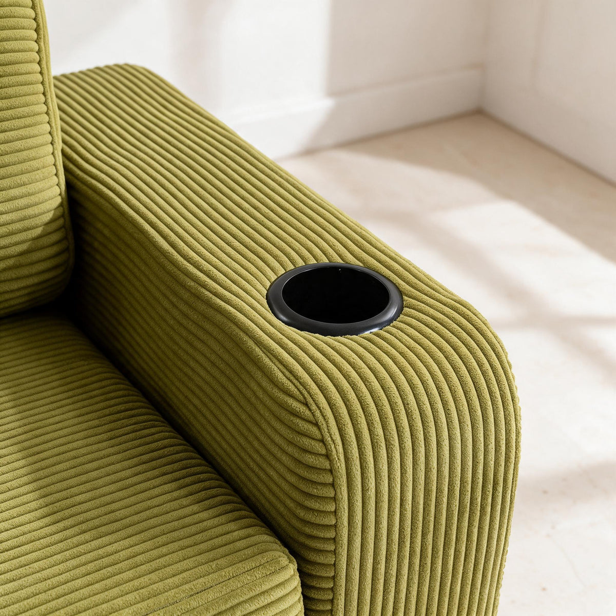 Corduroy Folding Sofa Bed — Olive — material and construction detail