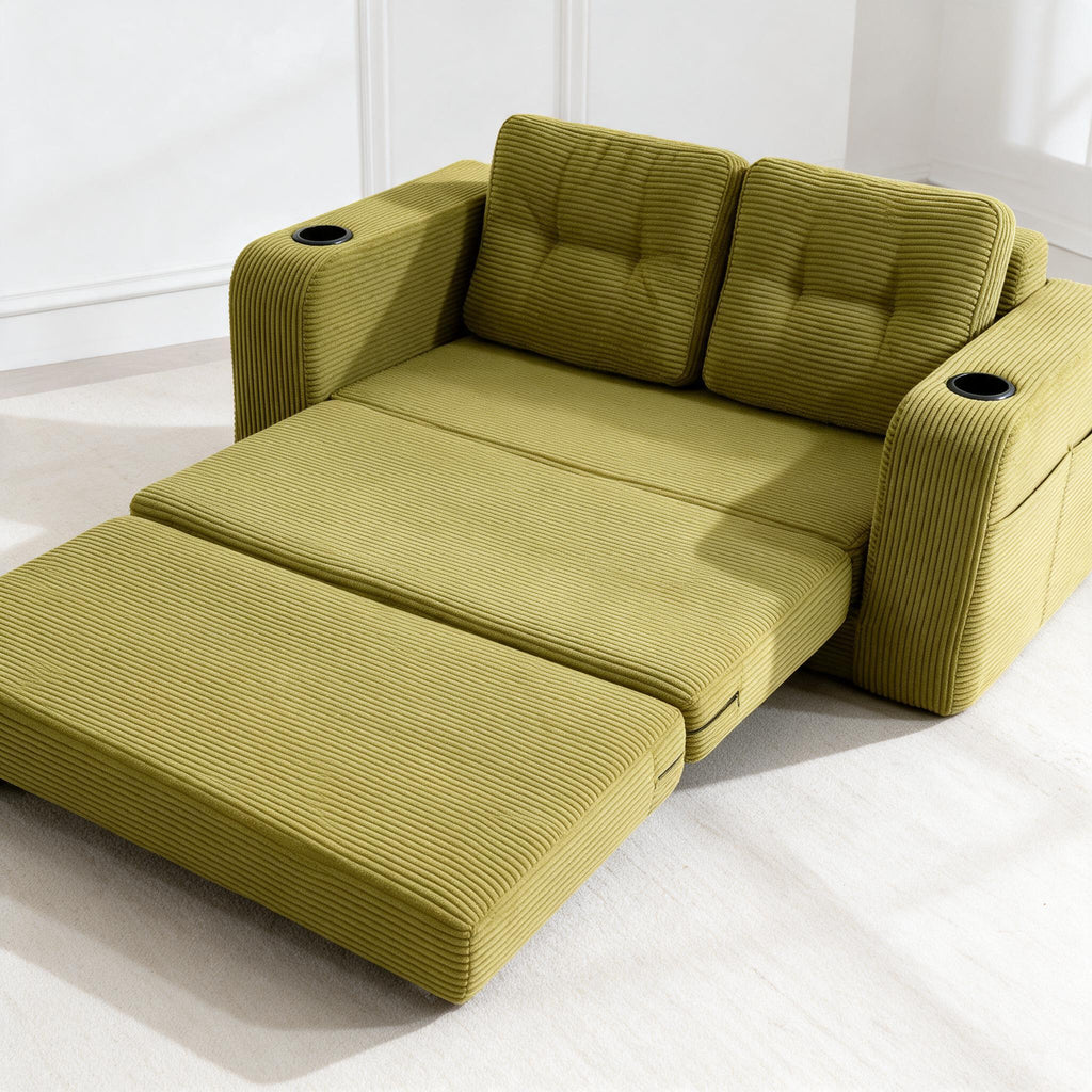 Corduroy Folding Sofa Bed — Olive — in a warm neutral home setting; styling accessories not included