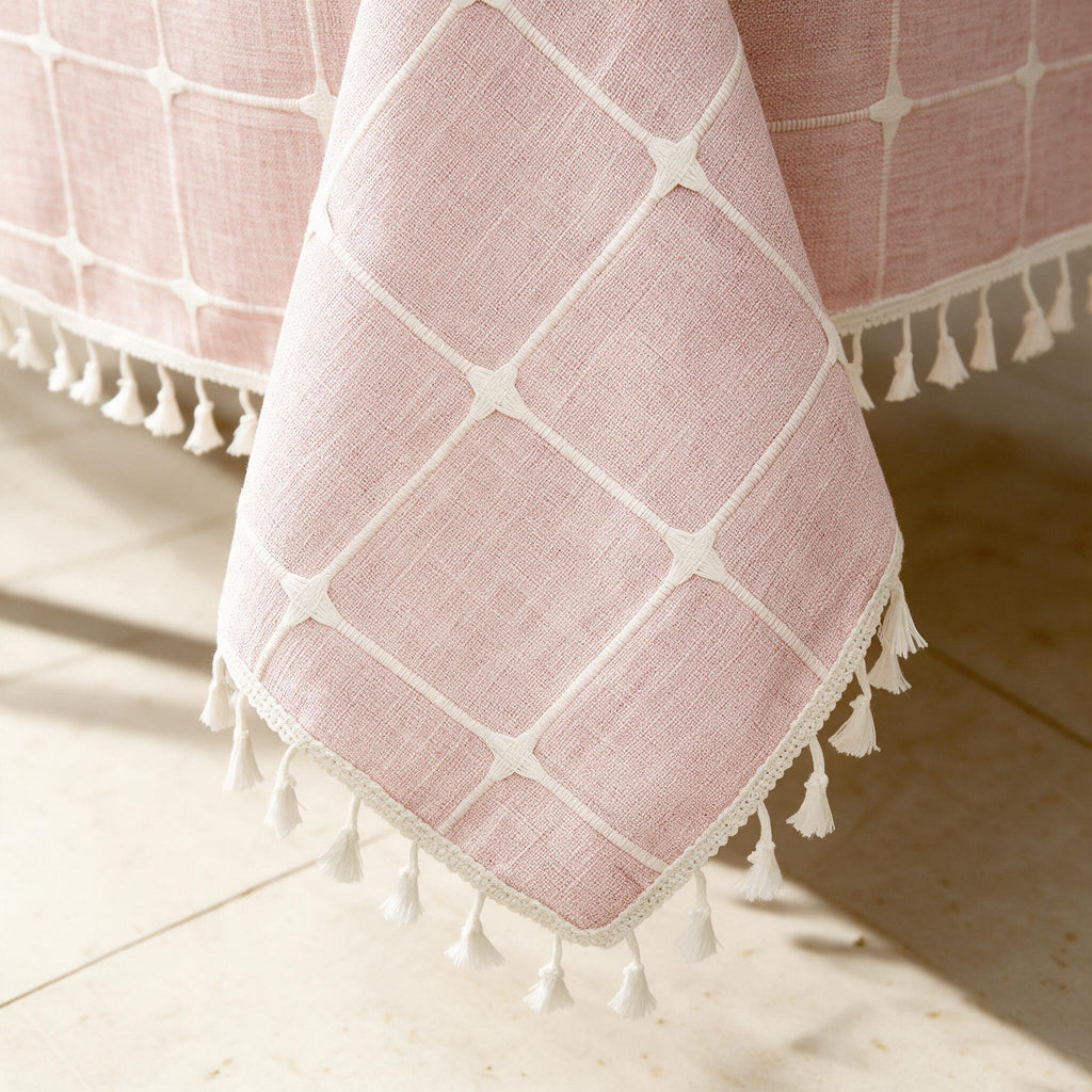 Cotton-Linen Tablecloth — Blush Check, 55 × 118-Inch — material and construction detail