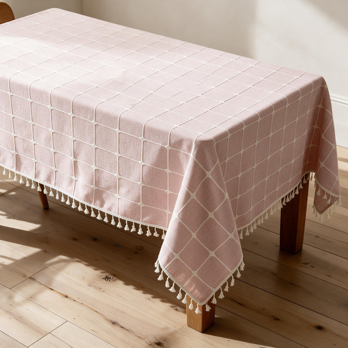 Cotton-Linen Tablecloth — Blush Check, 55 × 118-Inch — premium product view