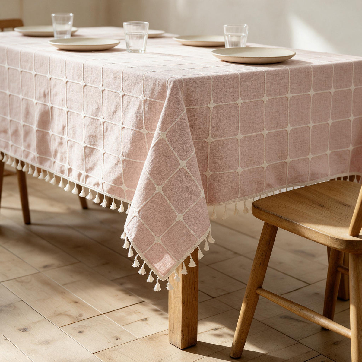 Cotton-Linen Tablecloth — Blush Check, 55 × 118-Inch — in a warm neutral home setting; styling accessories not included