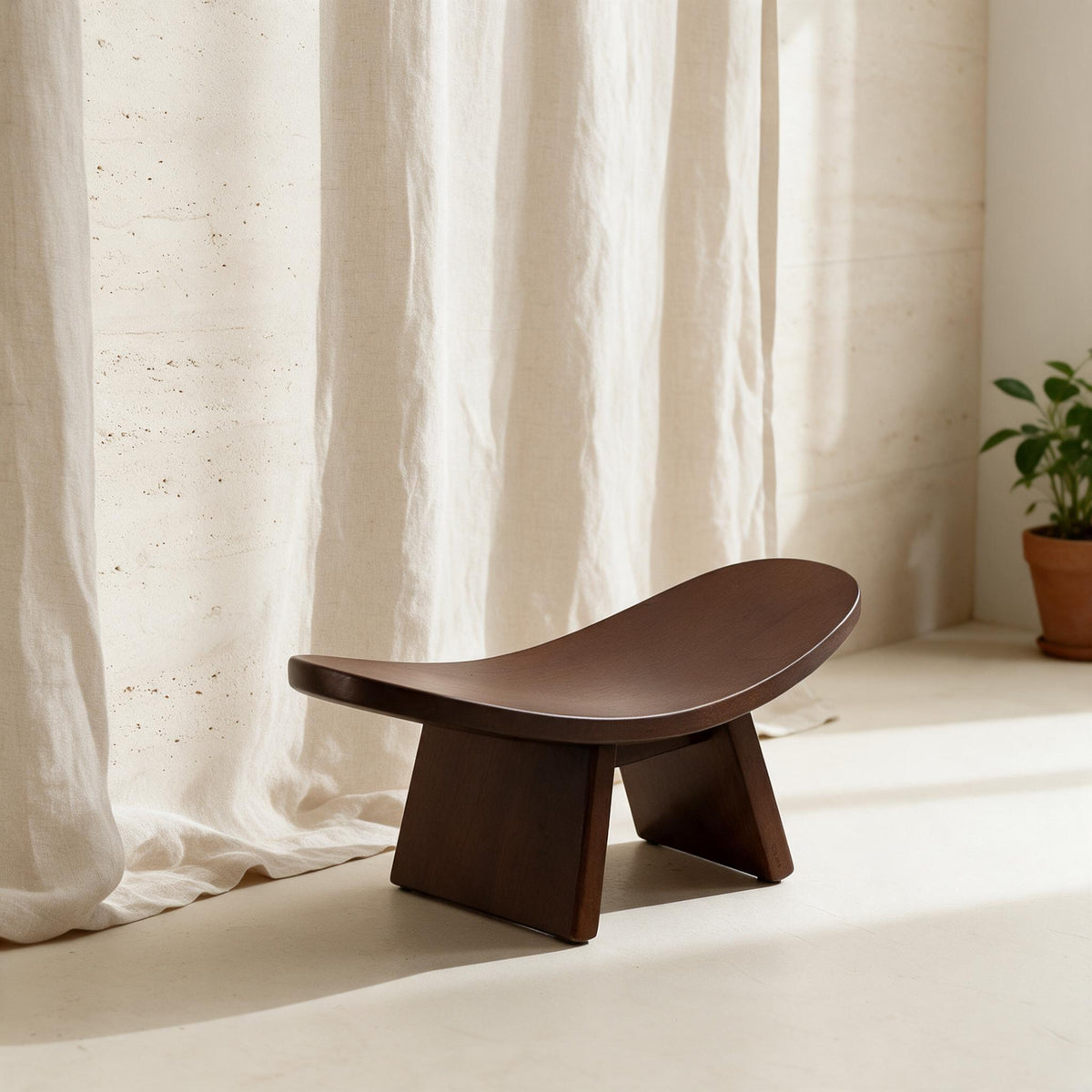 Curved Wood Meditation Bench — in a calm home setting