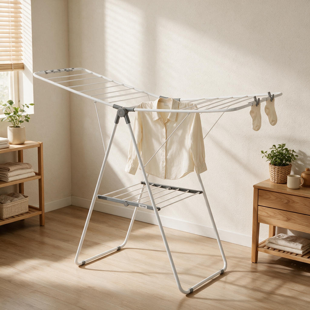 VEVOR Folding Drying Rack - 2 Tier — styled in a warm neutral indoor setting.