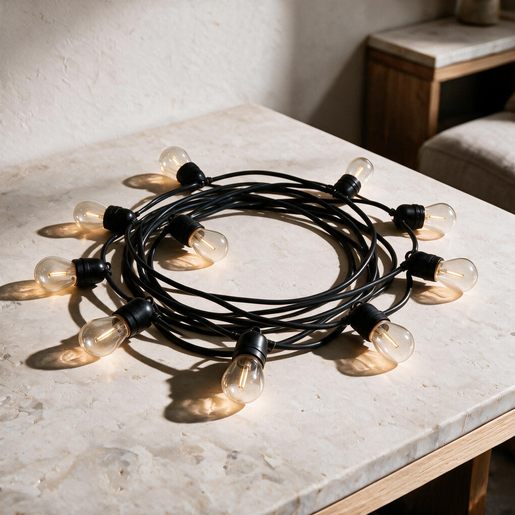Edison String Lights — 10 m — full product in a warm ivory setting